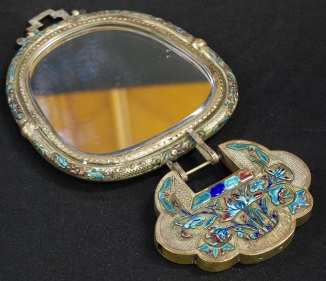 Chinese enamel and silver plate hanging mirror - Image 2 of 4