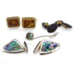 Sterling silver and abalone set cufflinks and tack