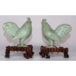 Pair of Chinese carved green stone cockerels