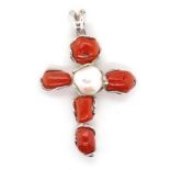 A coral and pearl set sterling silver cross