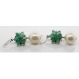 Pair of pearl and emerald floral earrings