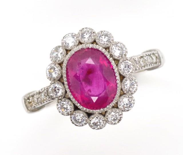 Ruby and diamond set 18ct gold cluster ring,