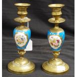 Pair vintage brass & ceramic candlesticks