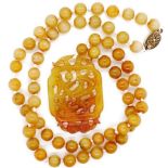 Chinese yellow jade pendant and beaded necklace
