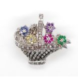 Sterling silver flower and basket brooch