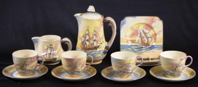 Doulton fourteen piece 'Famous Ships' part tea set