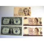 Five assorted world banknotes