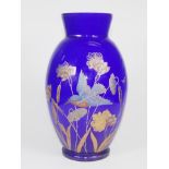 Victorian hand painted blue glass vase