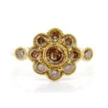 Cognac diamond set 18ct yellow gold flower ring