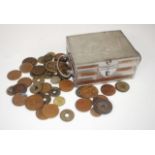 Chinese white brass & wood lidded box & coins