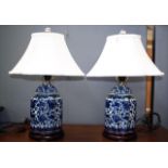 Pair Chinese blue & white table lamps