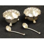 Pair Victorian sterling silver open salts & spoons