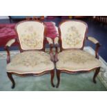 Pair French carved wood armchairs