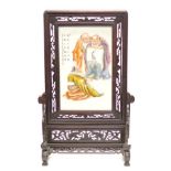 Chinese painted ceramic tile in carved wood stand