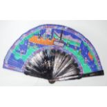 Chinese black lacquer fan with blue painted scene
