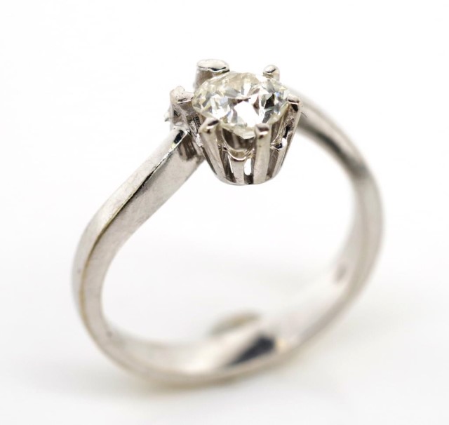 Old mine cut diamond solitaire and white gold ring