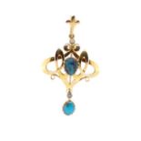 Art Nouveau 9ct yellow gold and turquoise pendant