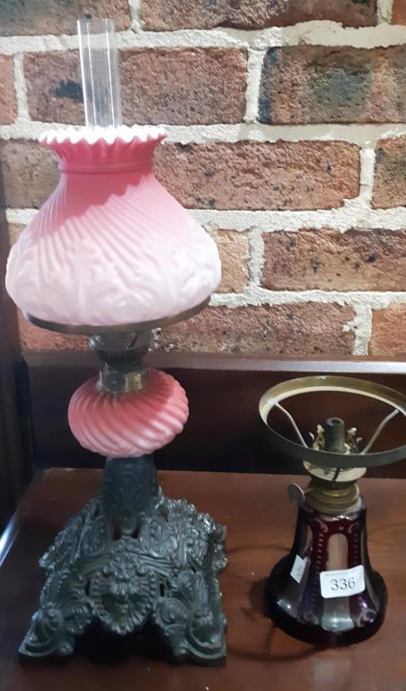 Bohemian small oil lamp with pink shade