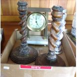 Two various pairs of candlesticks & a clock