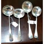 Four various silver plated soup ladles