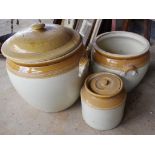 Large fowler ware bread bin, plus two other pots