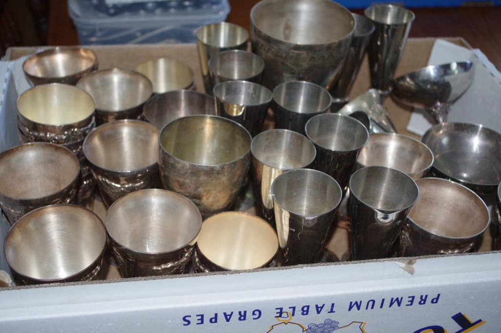 Box of silver plate tumblers & wine glasses