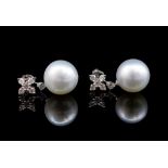 South sea pearl, diamond and 18ct gold earrings