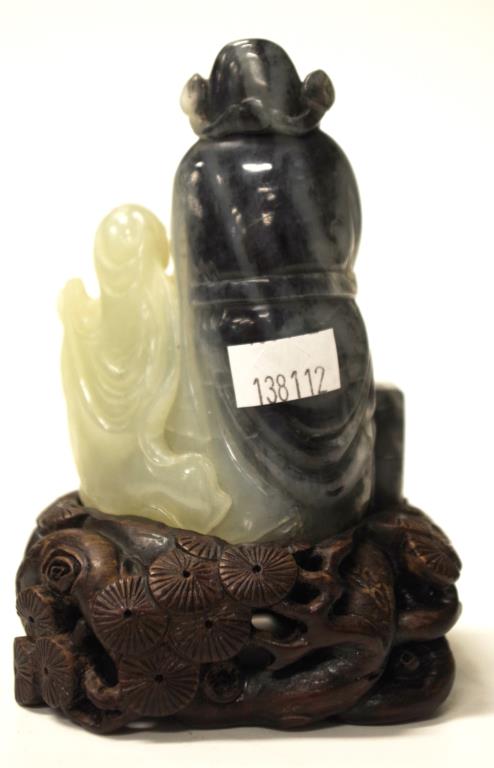 Chinese carved blue & white jade figure & stand - Image 4 of 4
