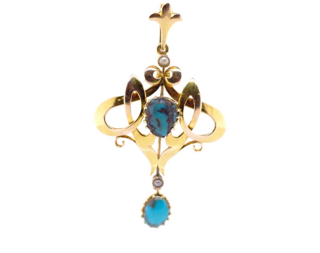 Art Nouveau 9ct yellow gold and turquoise pendant - Image 2 of 4