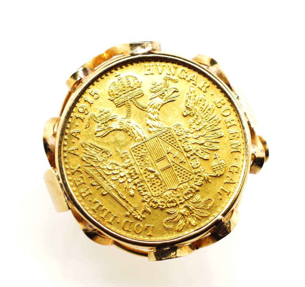 Franz Joseph 1 Ducat coin set 14ct gold ring - Image 2 of 8
