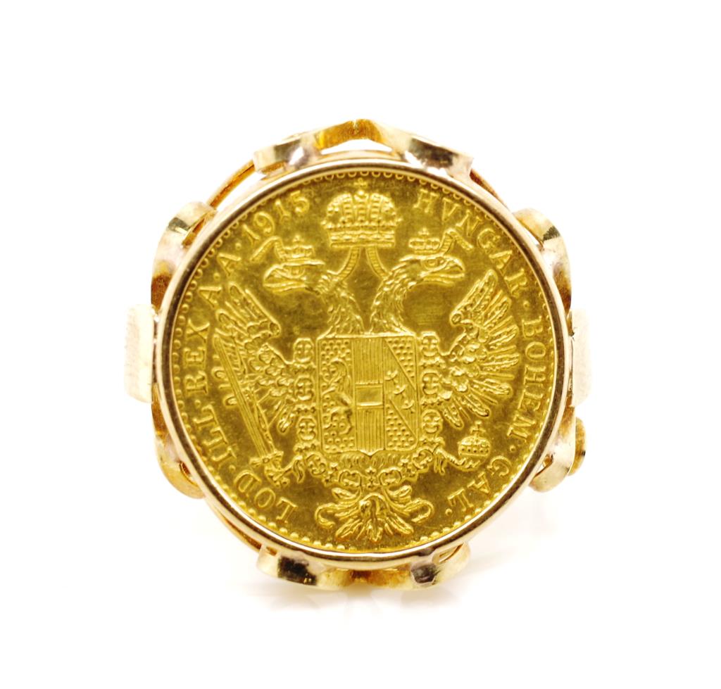 Franz Joseph 1 Ducat coin set 14ct gold ring - Image 3 of 8