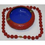 Chinese cinnabar lacquer ashtray & necklace