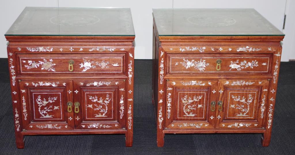 Pair of Chinese hardwood bedside cabinets