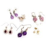 Six pairs of gemstone set earrings