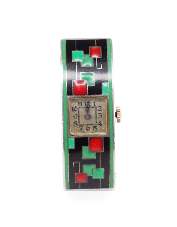 Art Deco enamel and silver watch - Image 2 of 8