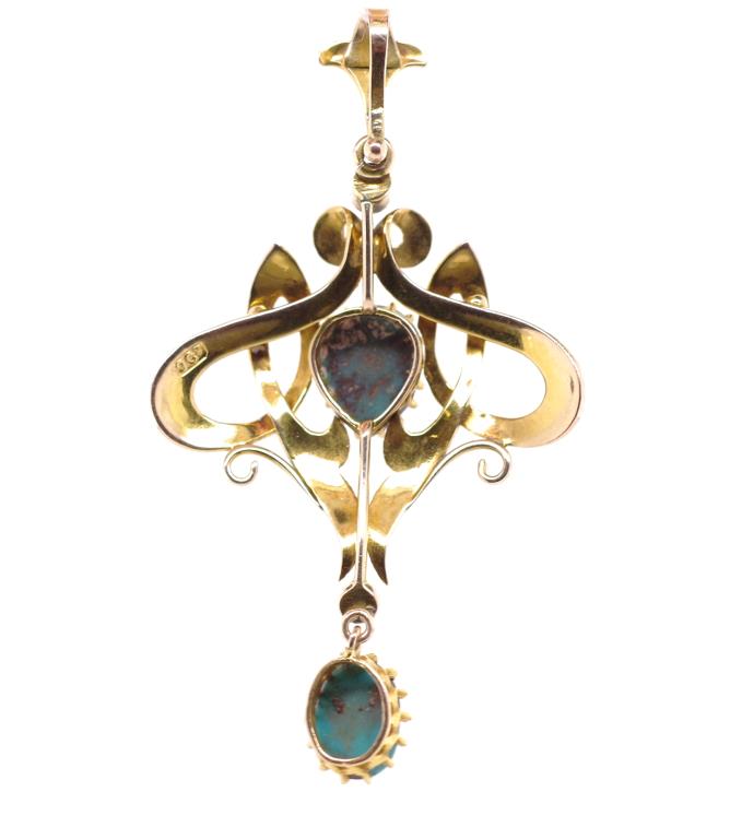 Art Nouveau 9ct yellow gold and turquoise pendant - Image 3 of 4