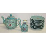 Chinese famille rose teapot, pourer & 12 plates