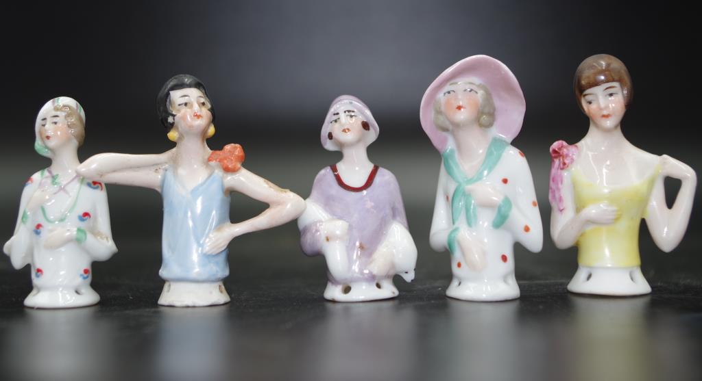 Five small German half dolls in 1920's dress