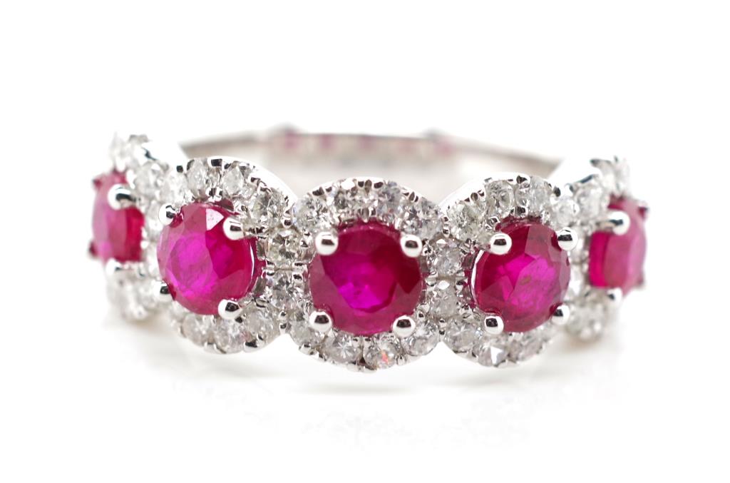 Five stone ruby and diamond halo ring - Image 2 of 3