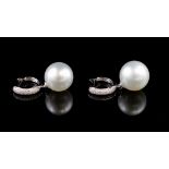 South sea pearl, diamond and 18ct gold earrings