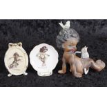 Two Brownie Downing ceramic plaques & figure