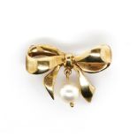 9ct yellow gold and pearl bow brooch
