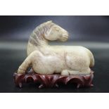 Chinese carved greenstone horse figure & stand