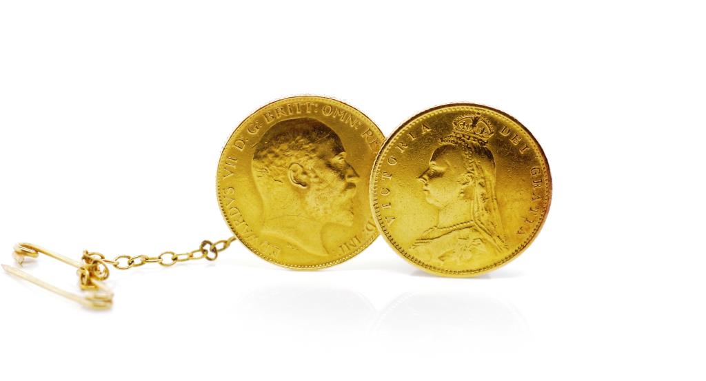 Victoria and Edward VII half sovereign gold brooch