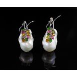 Baroque pearl, tourmaline and white gold earrings