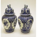 Pair Delfts Royal Sphinx blue & white lidded vases