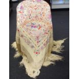 Victorian cream silk embroidered piano shawl