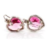 Pink glass and silver heart earrings