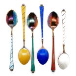 Six Danish silver and enamel demitasse spoons