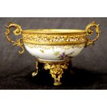 Hand painted French ceramic bowl in ormolu stand